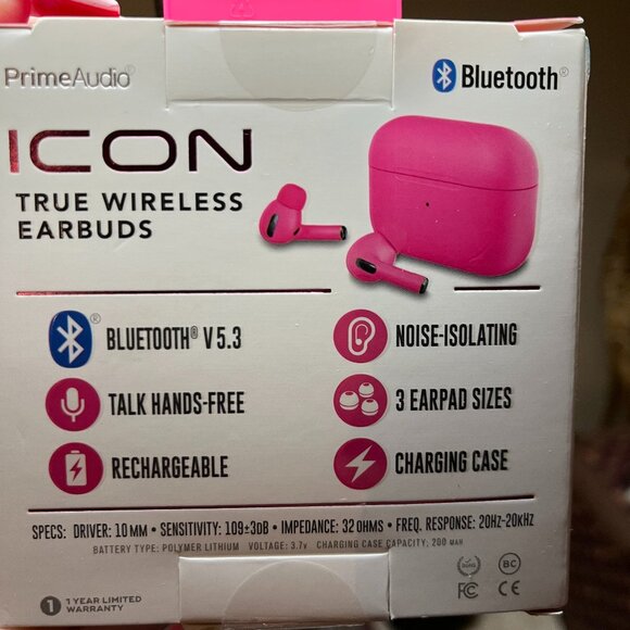 Prime Audio Icon True Wireless Earbuds With Charging Case - Pink - Picture 2 of 2